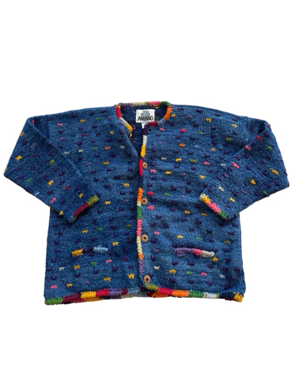 Vtg Amano 100% Wool Women's Multicolored Blue Chunky Knit Cardigan Sweater OS L